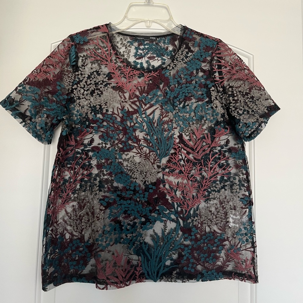 Zara Black Embroidered Mesh Top size M